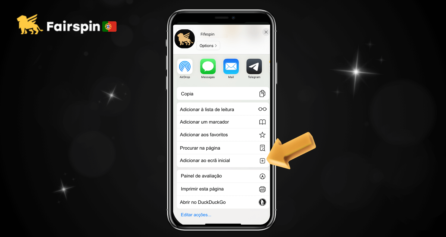 No Safari, selecione ‘Adicionar ao ecrã inicial’ clicando no ícone de seta na parte inferior do ecrã
