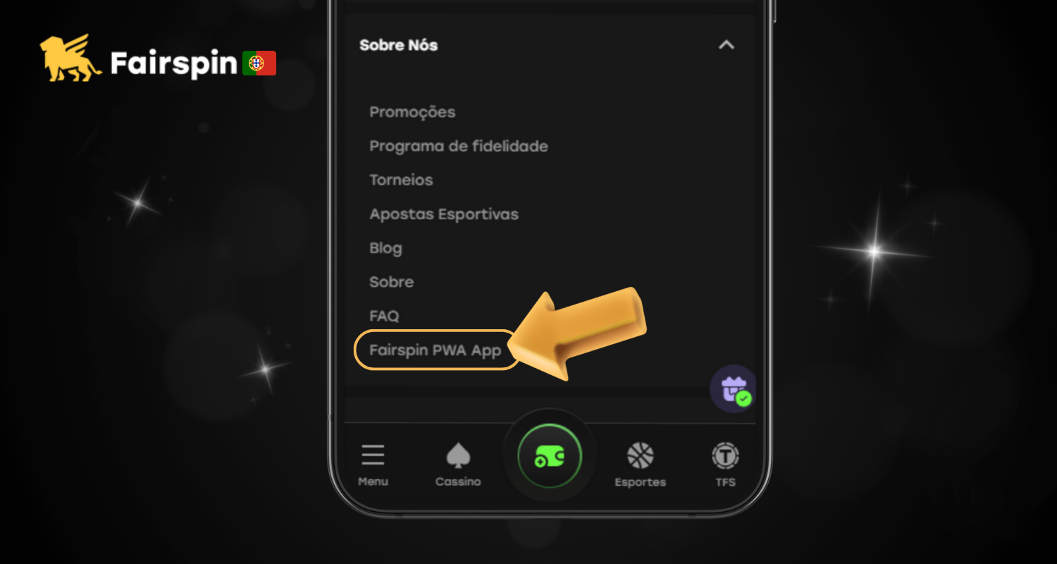 Encontre e clique na opção da aplicação Fairspin PWA na parte inferior da página inicial